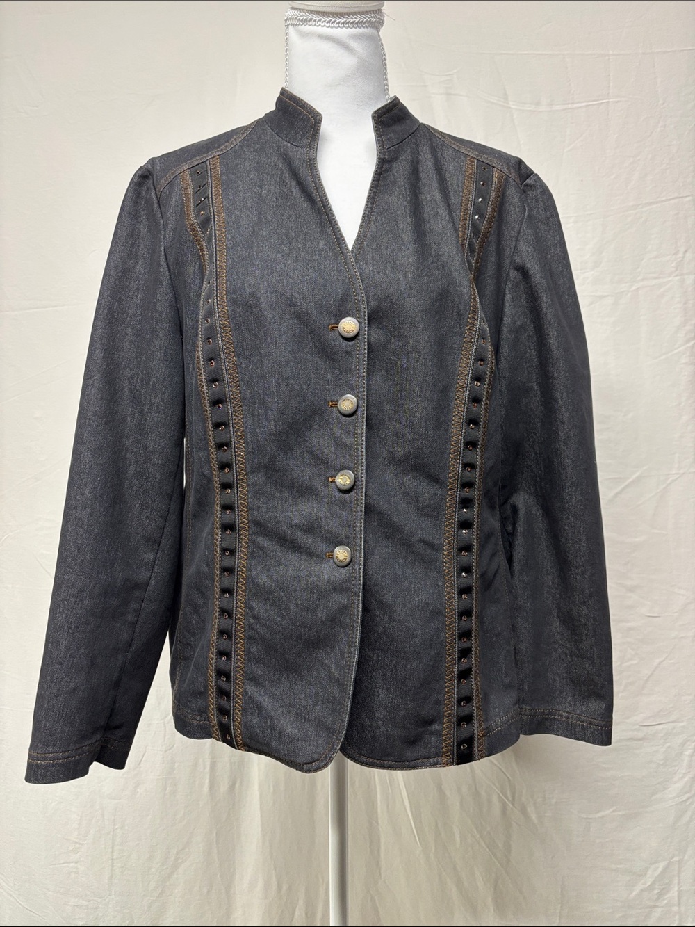 Gerry Weber Dark Blue Denim Jacket with Brown Trim and Topaz Stones